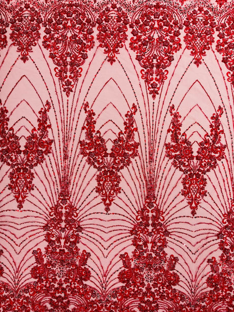 Royalty Damask Beaded Lace Fabric - Damask Pattern, Beaded Mesh, 54" Width (1 Yard)