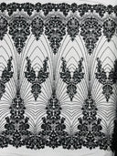 Royalty Damask Beaded Lace Fabric - Damask Pattern, Beaded Mesh, 54" Width (1 Yard)
