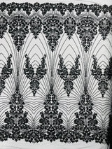 Royalty Damask Beaded Lace Fabric - Damask Pattern, Beaded Mesh, 54" Width (1 Yard)