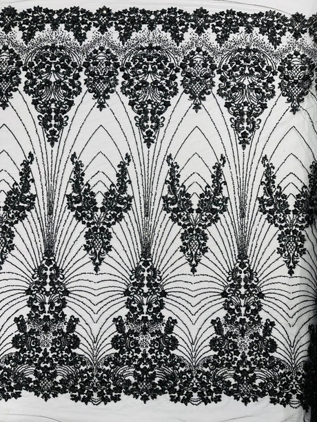 Royalty Damask Beaded Lace Fabric - Damask Pattern, Beaded Mesh, 54" Width (1 Yard)