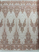 Royalty Damask Beaded Lace Fabric - Damask Pattern, Beaded Mesh, 54" Width (1 Yard)