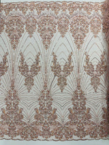 Royalty Damask Beaded Lace Fabric - Damask Pattern, Beaded Mesh, 54" Width (1 Yard)