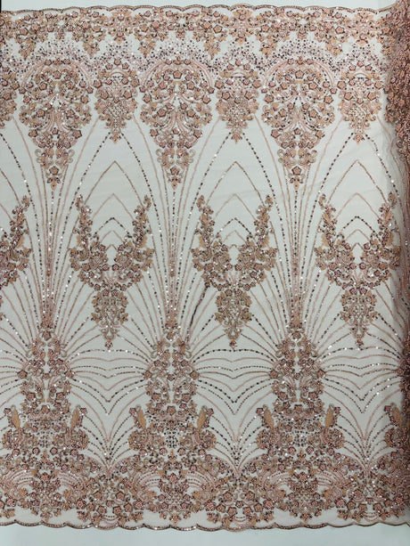 Royalty Damask Beaded Lace Fabric - Damask Pattern, Beaded Mesh, 54" Width (1 Yard)