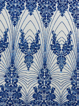 Royalty Damask Beaded Lace Fabric - Damask Pattern, Beaded Mesh, 54" Width (1 Yard)