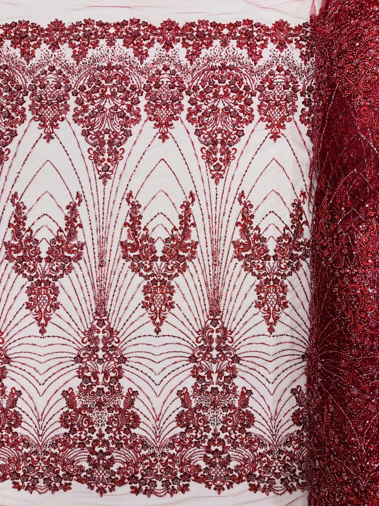 Royalty Damask Beaded Lace Fabric - Damask Pattern, Beaded Mesh, 54" Width (1 Yard)