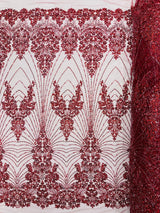 Royalty Damask Beaded Lace Fabric - Damask Pattern, Beaded Mesh, 54" Width (1 Yard)