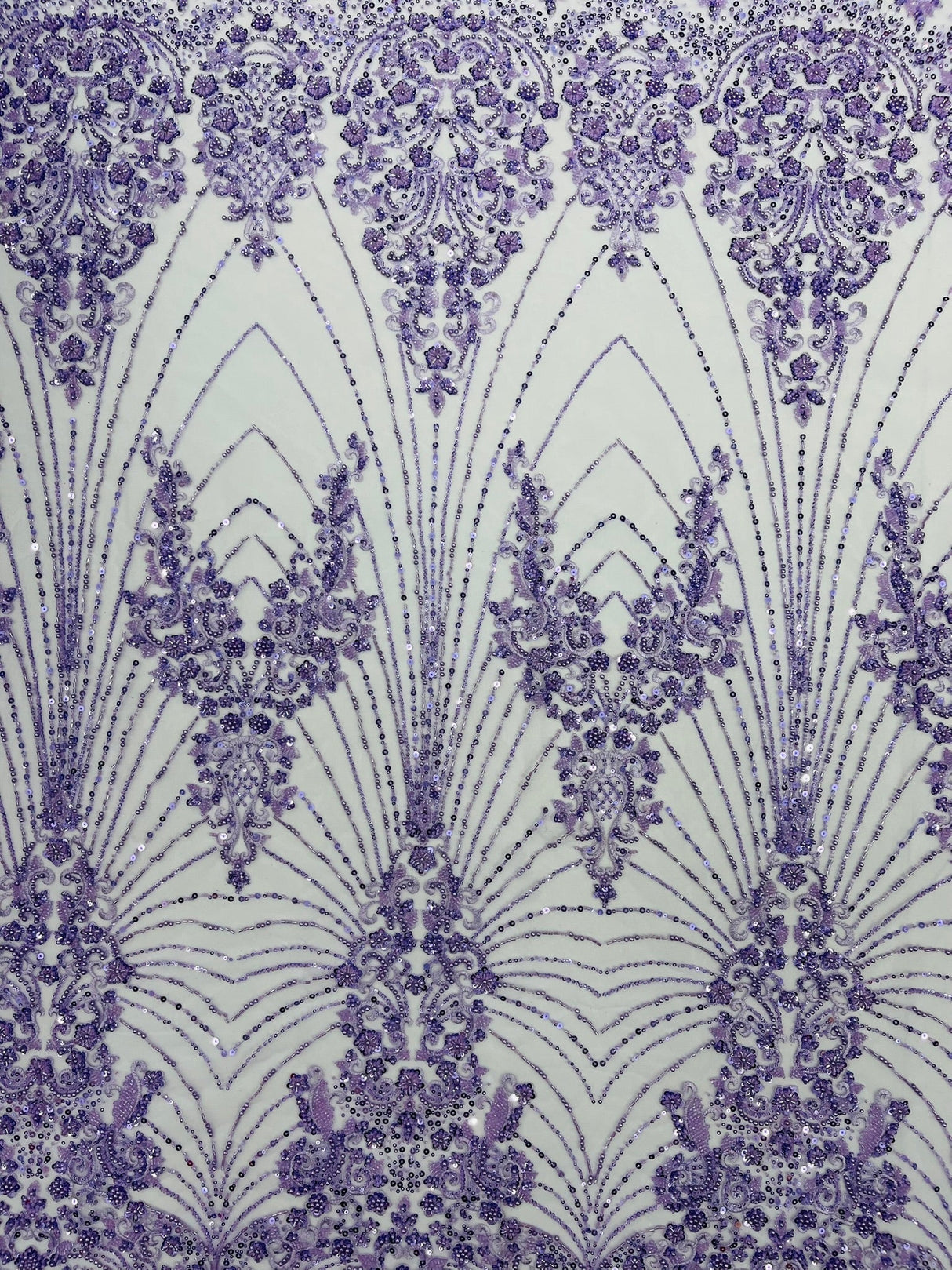 Royalty Damask Beaded Lace Fabric - Damask Pattern, Beaded Mesh, 54" Width (1 Yard)