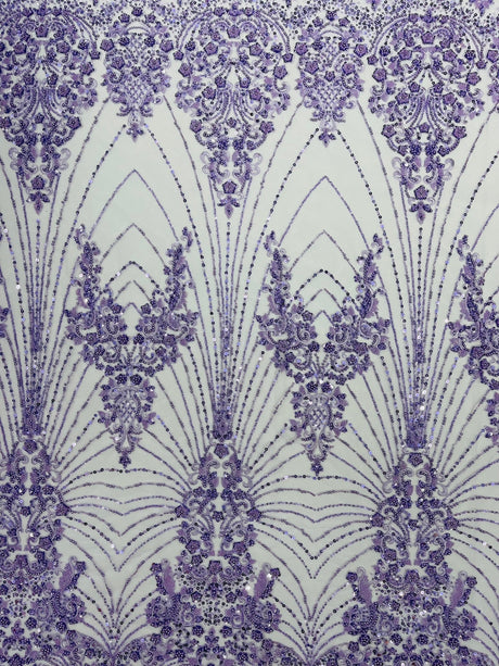 Royalty Damask Beaded Lace Fabric - Damask Pattern, Beaded Mesh, 54" Width (1 Yard)
