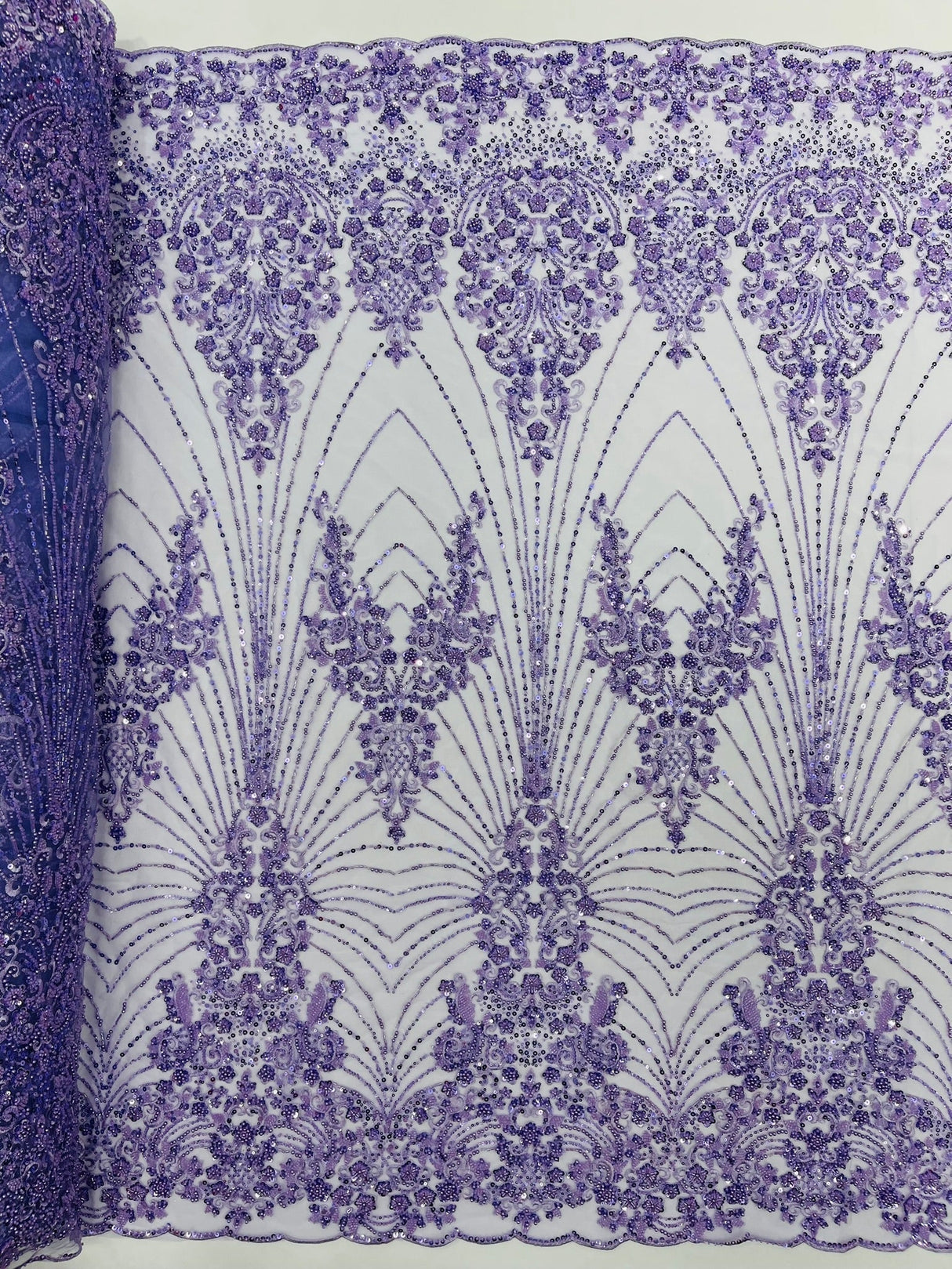 Royalty Damask Beaded Lace Fabric - Damask Pattern, Beaded Mesh, 54" Width (1 Yard)