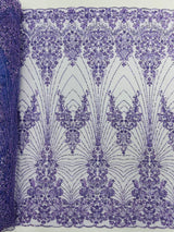 Royalty Damask Beaded Lace Fabric - Damask Pattern, Beaded Mesh, 54" Width (1 Yard)