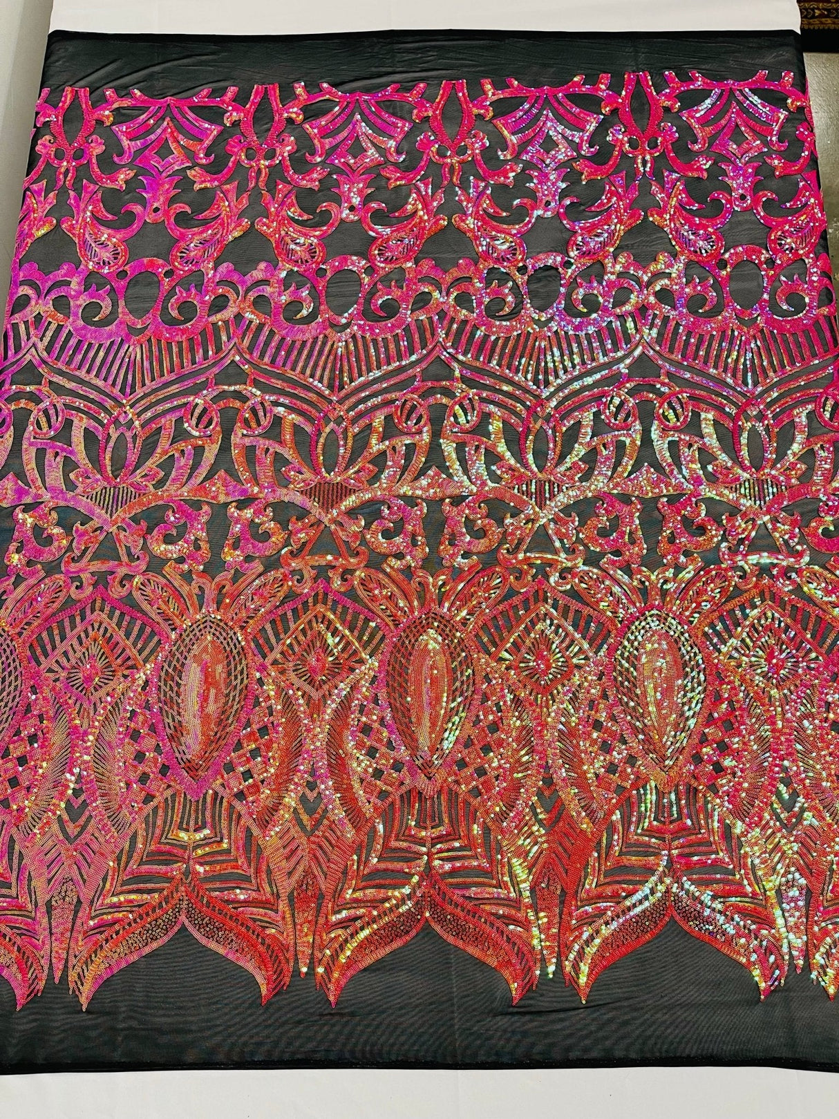 Royalty Sequin Damask 4 Way Stretch Mesh Fabric - Iridescent Sequin Damask, 54" Width (1 Yard)