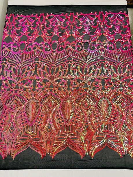 Royalty Sequin Damask 4 Way Stretch Mesh Fabric - Iridescent Sequin Damask, 54" Width (1 Yard)