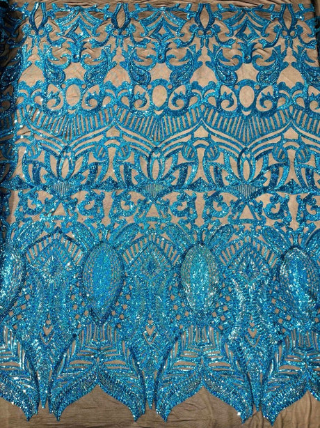 Royalty Sequin Damask 4 Way Stretch Mesh Fabric - Iridescent Sequin Damask, 54" Width (1 Yard)