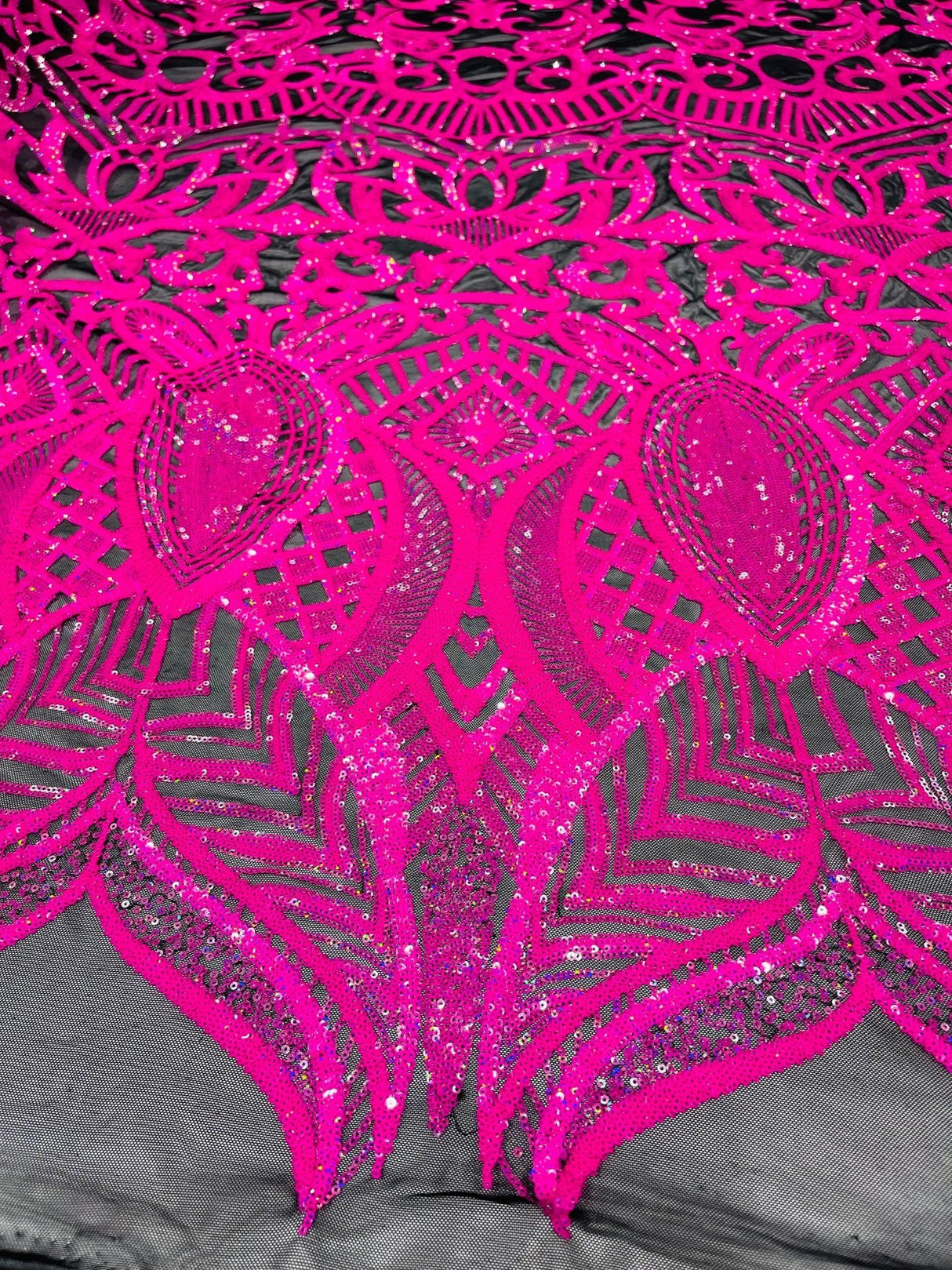 Royalty Sequin Damask 4 Way Stretch Mesh Fabric - Iridescent Sequin Damask, 54" Width (1 Yard)