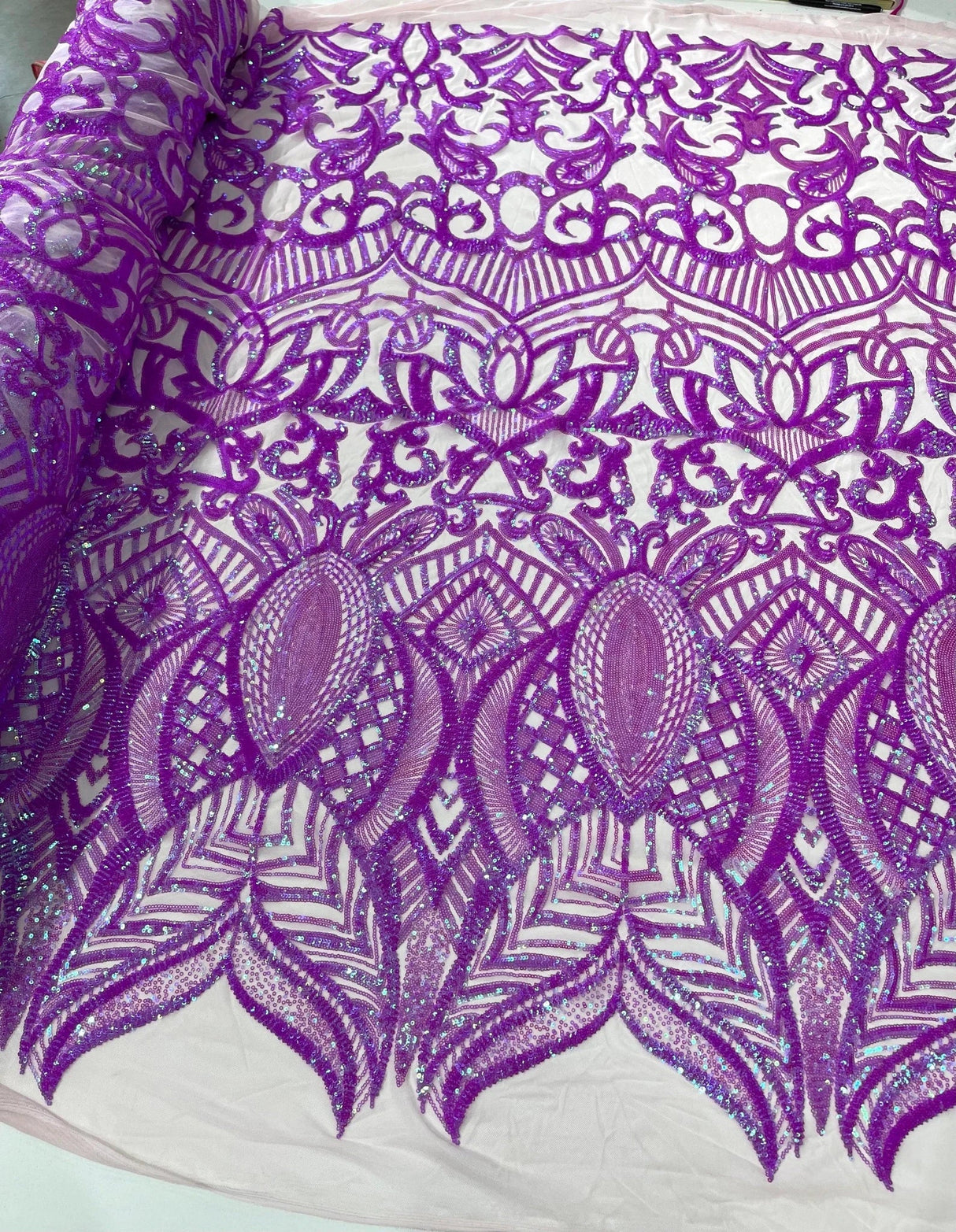 Royalty Sequin Damask 4 Way Stretch Mesh Fabric - Iridescent Sequin Damask, 54" Width (1 Yard)