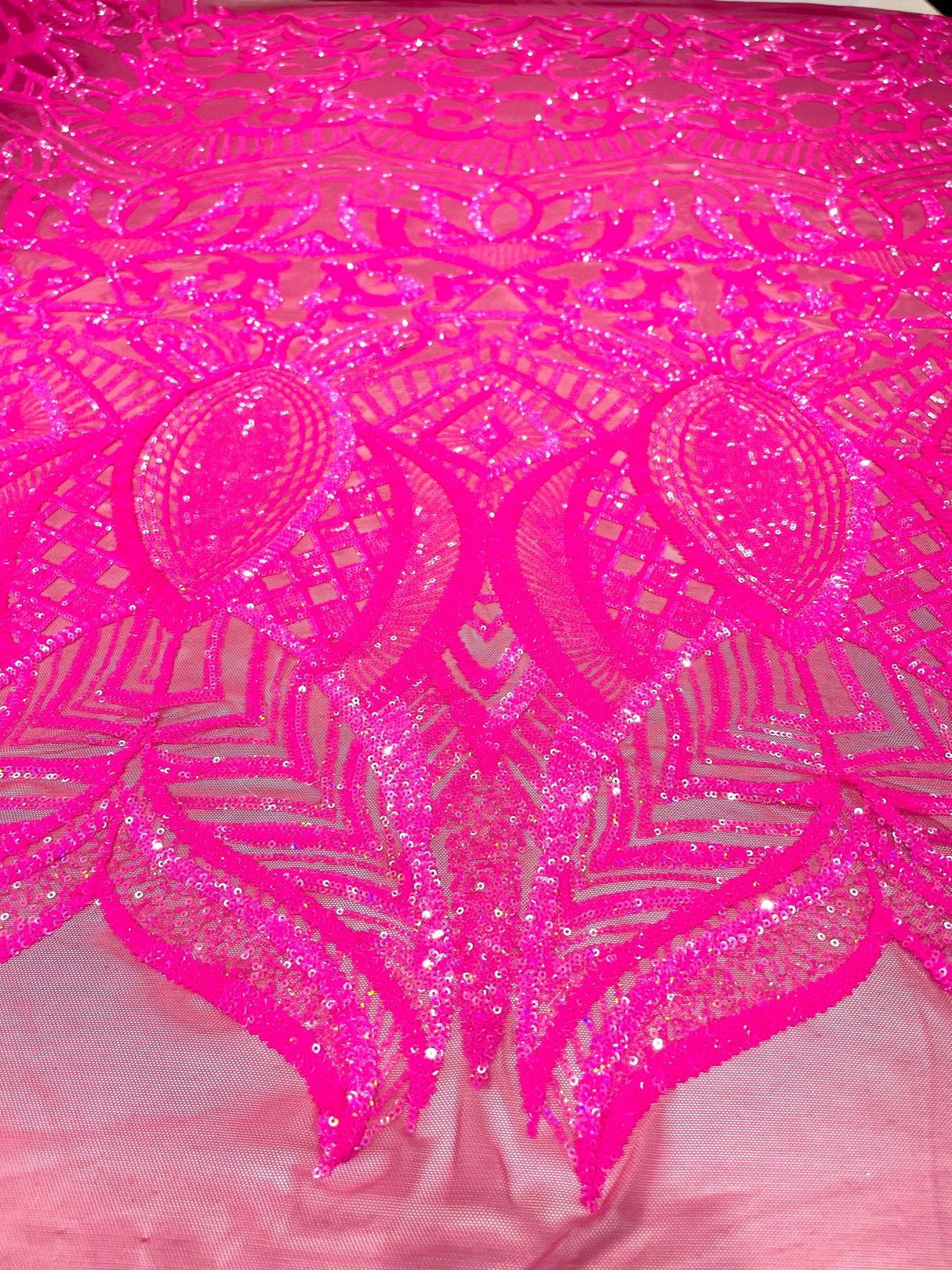 Royalty Sequin Damask 4 Way Stretch Mesh Fabric - Iridescent Sequin Damask, 54" Width (1 Yard)