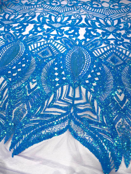 Royalty Sequin Damask 4 Way Stretch Mesh Fabric - Iridescent Sequin Damask, 54" Width (1 Yard)