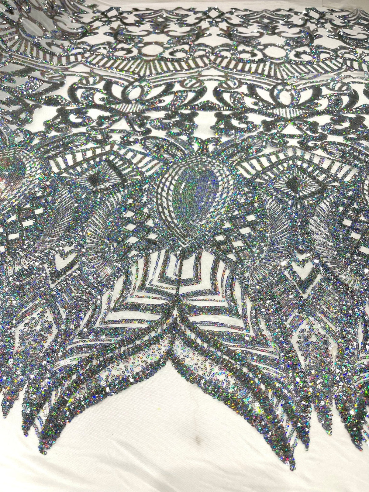 Royalty Sequin Damask 4 Way Stretch Mesh Fabric - Iridescent Sequin Damask, 54" Width (1 Yard)