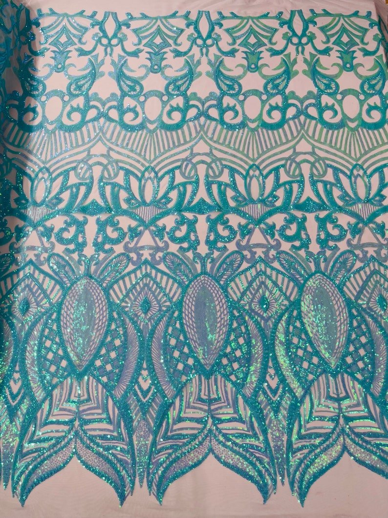 Royalty Sequin Damask 4 Way Stretch Mesh Fabric - Iridescent Sequin Damask, 54" Width (1 Yard)