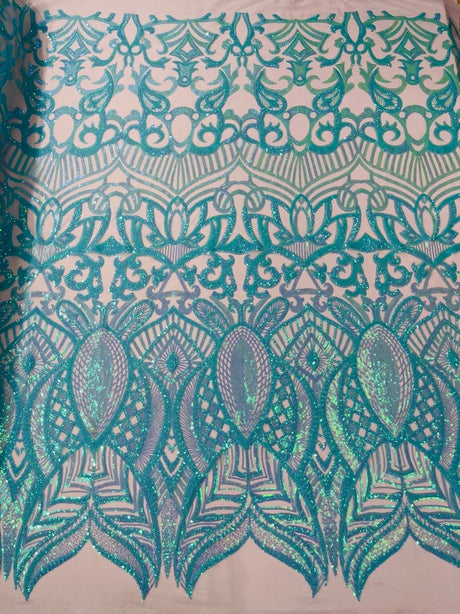 Royalty Sequin Damask 4 Way Stretch Mesh Fabric - Iridescent Sequin Damask, 54" Width (1 Yard)