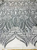 Royalty Sequin Damask 4 Way Stretch Mesh Fabric - Iridescent Sequin Damask, 54" Width (1 Yard)