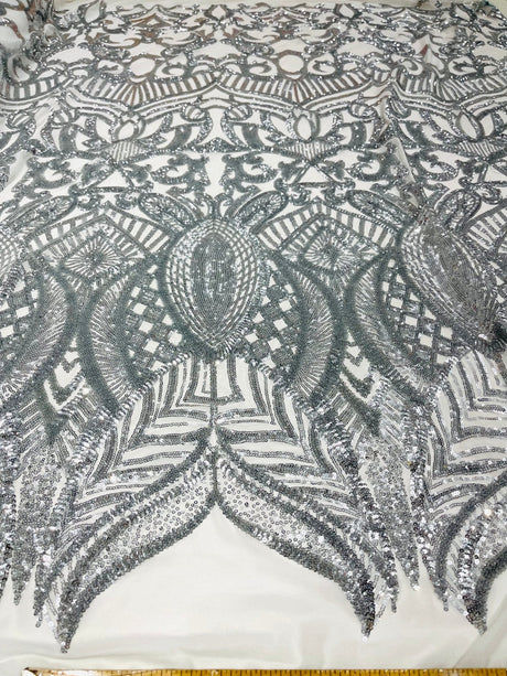 Royalty Sequin Damask 4 Way Stretch Mesh Fabric - Iridescent Sequin Damask, 54" Width (1 Yard)