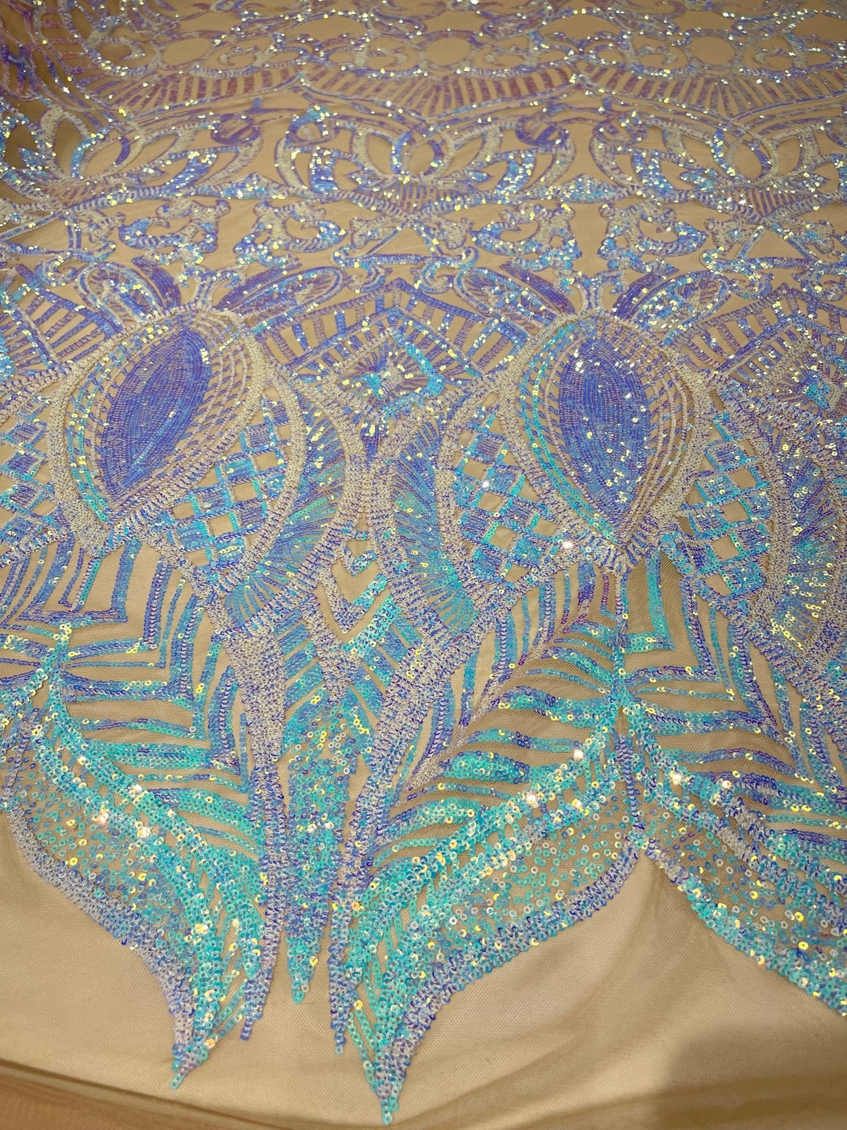Royalty Sequin Damask 4 Way Stretch Mesh Fabric - Iridescent Sequin Damask, 54" Width (1 Yard)