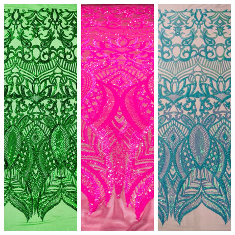 Royalty Sequin Damask 4 Way Stretch Mesh Fabric - Iridescent Sequin Damask, 54" Width (1 Yard)