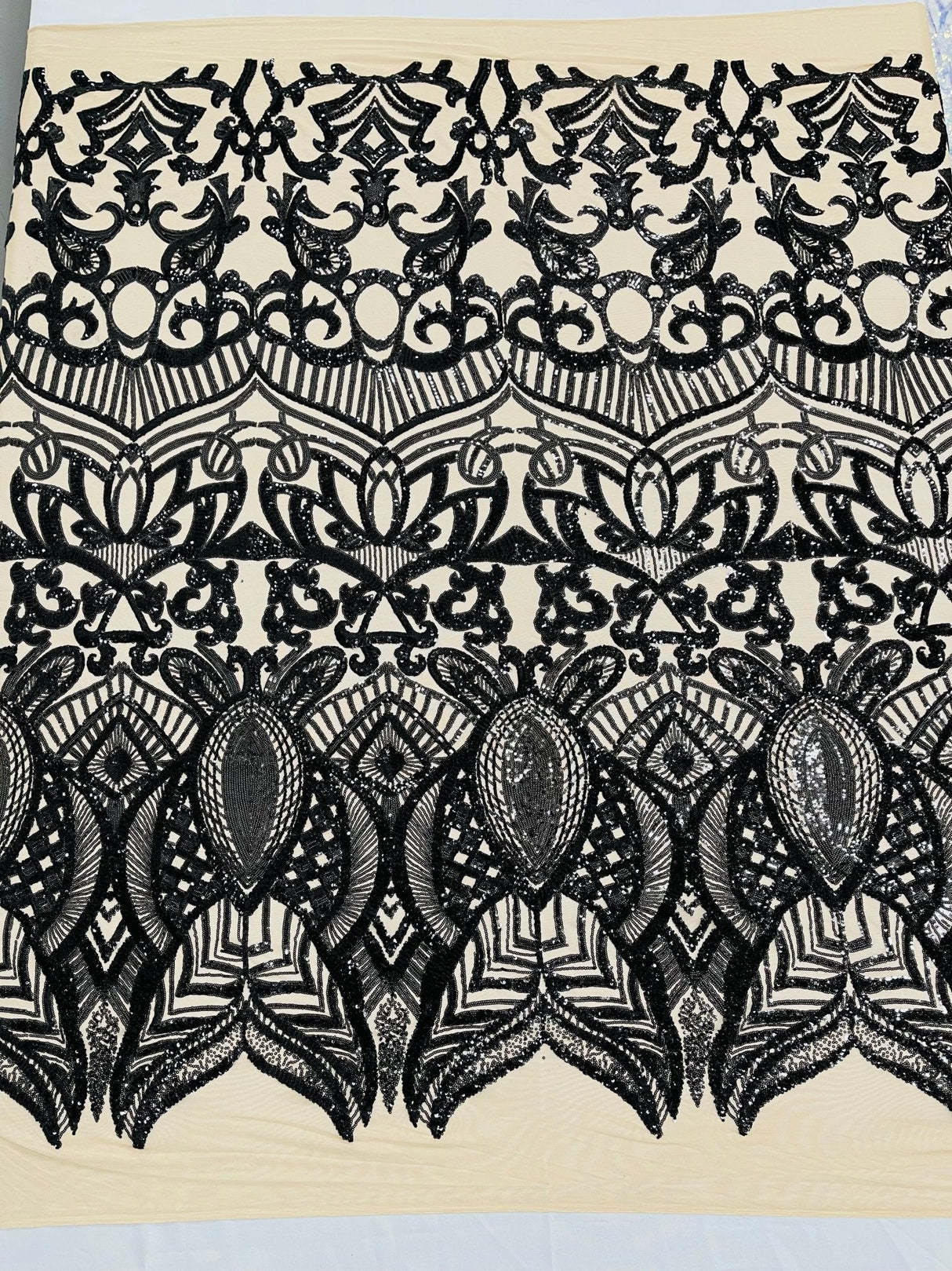 Royalty Sequin Damask 4 Way Stretch Mesh Fabric - Iridescent Sequin Damask, 54" Width (1 Yard)