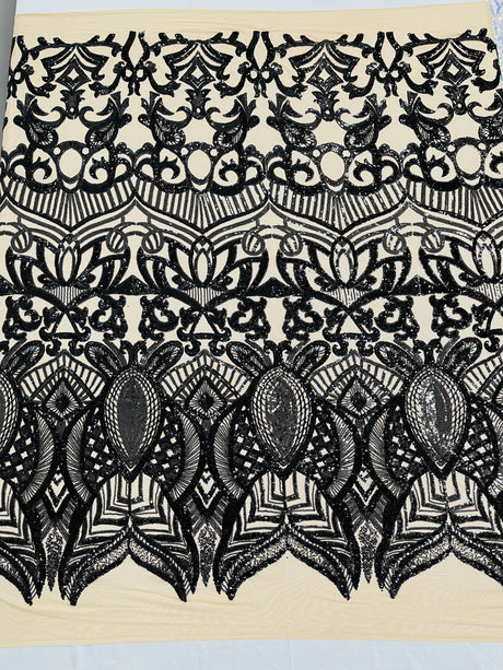 Royalty Sequin Damask 4 Way Stretch Mesh Fabric - Iridescent Sequin Damask, 54" Width (1 Yard)