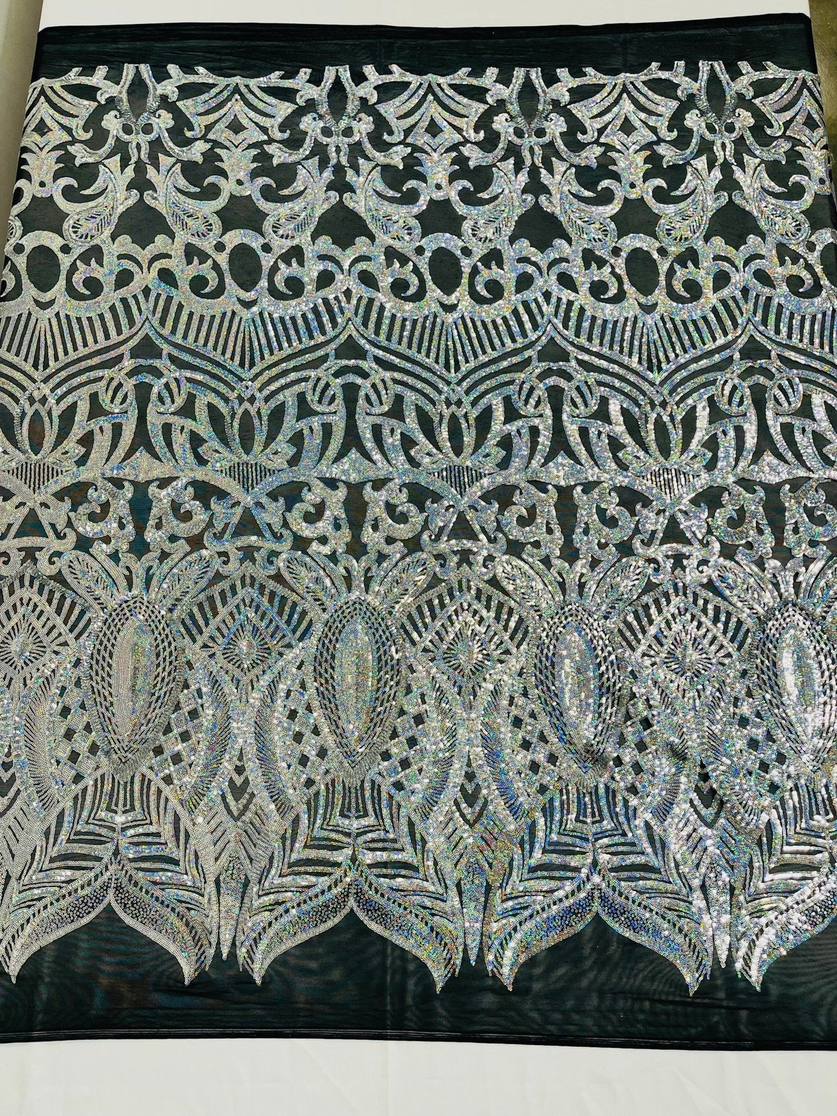 Royalty Sequin Damask 4 Way Stretch Mesh Fabric - Iridescent Sequin Damask, 54" Width (1 Yard)