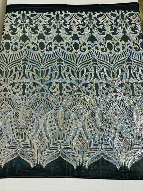 Royalty Sequin Damask 4 Way Stretch Mesh Fabric - Iridescent Sequin Damask, 54" Width (1 Yard)