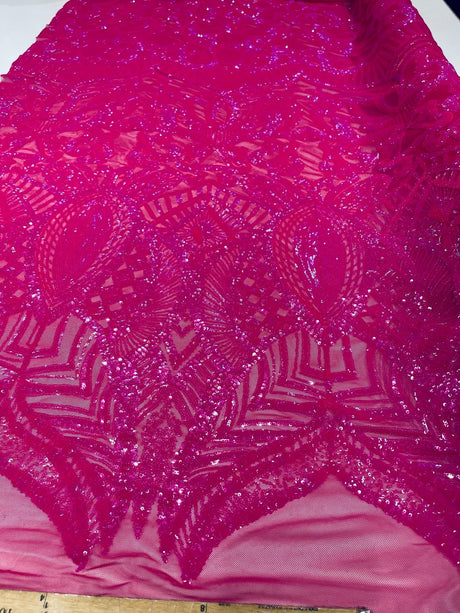 Royalty Sequin Damask 4 Way Stretch Mesh Fabric - Iridescent Sequin Damask, 54" Width (1 Yard)