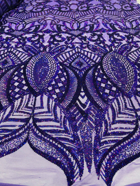 Royalty Sequin Damask 4 Way Stretch Mesh Fabric - Iridescent Sequin Damask, 54" Width (1 Yard)