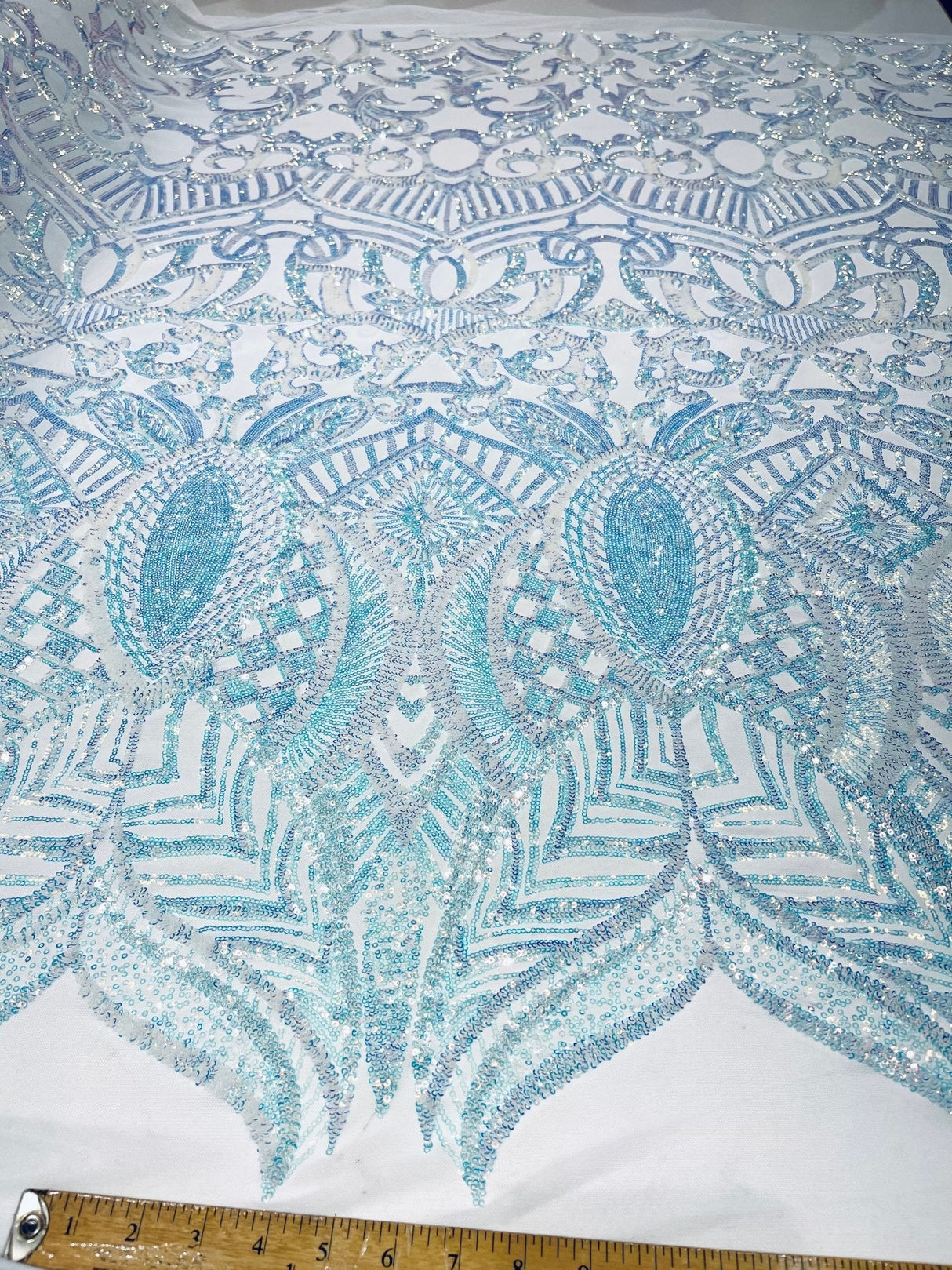 Royalty Sequin Damask 4 Way Stretch Mesh Fabric - Iridescent Sequin Damask, 54" Width (1 Yard)