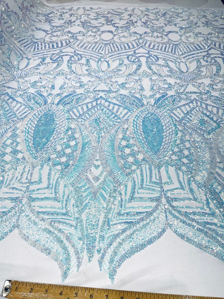 Royalty Sequin Damask 4 Way Stretch Mesh Fabric - Iridescent Sequin Damask, 54" Width (1 Yard)