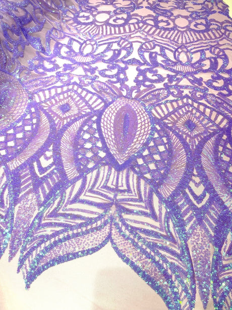 Royalty Sequin Damask 4 Way Stretch Mesh Fabric - Iridescent Sequin Damask, 54" Width (1 Yard)