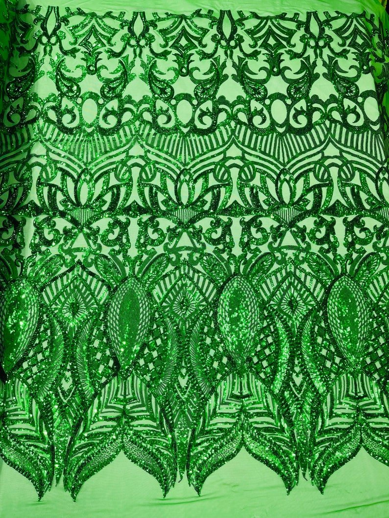 Royalty Sequin Damask 4 Way Stretch Mesh Fabric - Iridescent Sequin Damask, 54" Width (1 Yard)
