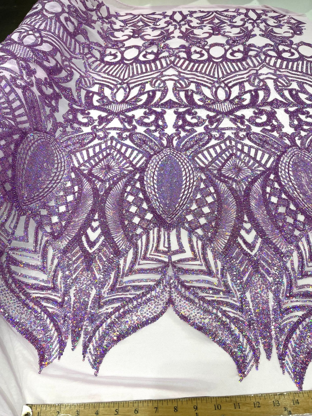 Royalty Sequin Damask 4 Way Stretch Mesh Fabric - Iridescent Sequin Damask, 54" Width (1 Yard)