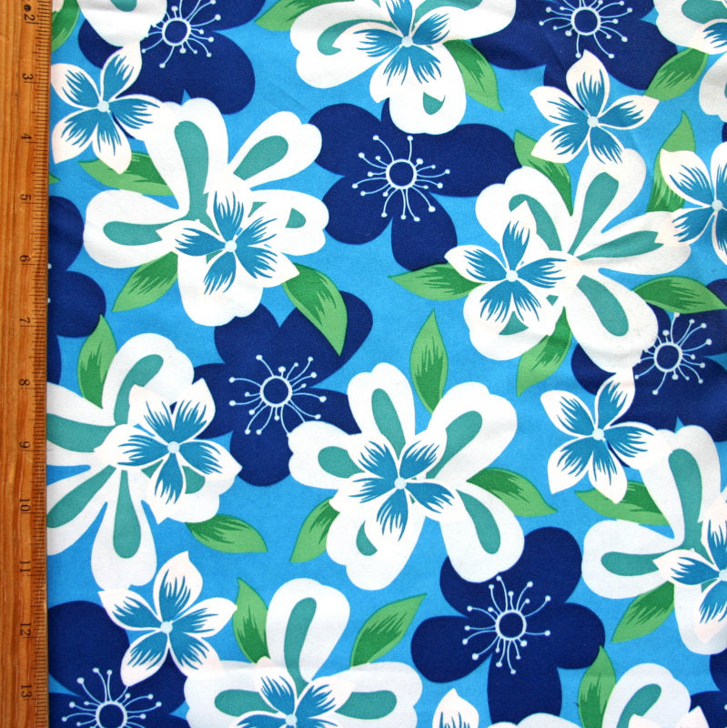 Poly Microfiber Boardshort Fabric Royal/White Hawaiian Floral on Blue