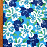 Poly Microfiber Boardshort Fabric Royal/White Hawaiian Floral on Blue