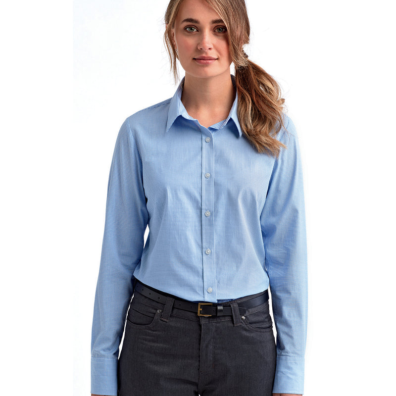 Ladies' Microcheck Gingham Long-Sleeve Cotton Shirt