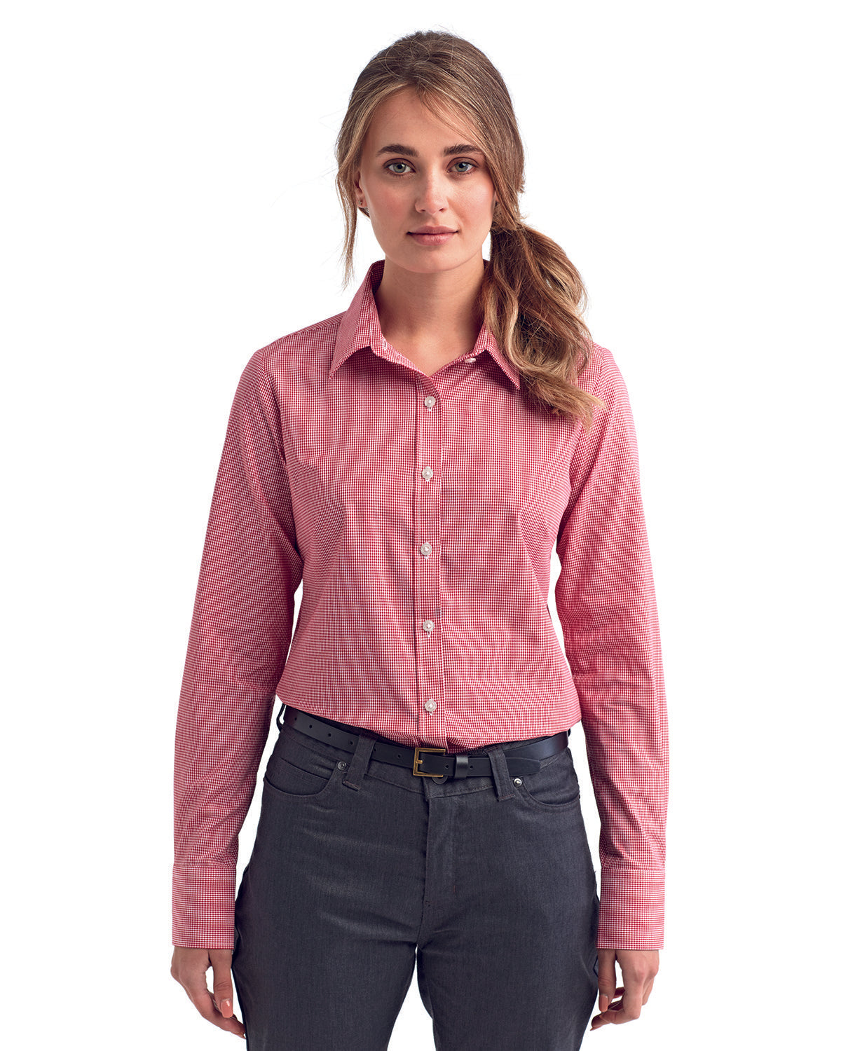 Ladies' Microcheck Gingham Long-Sleeve Cotton Shirt