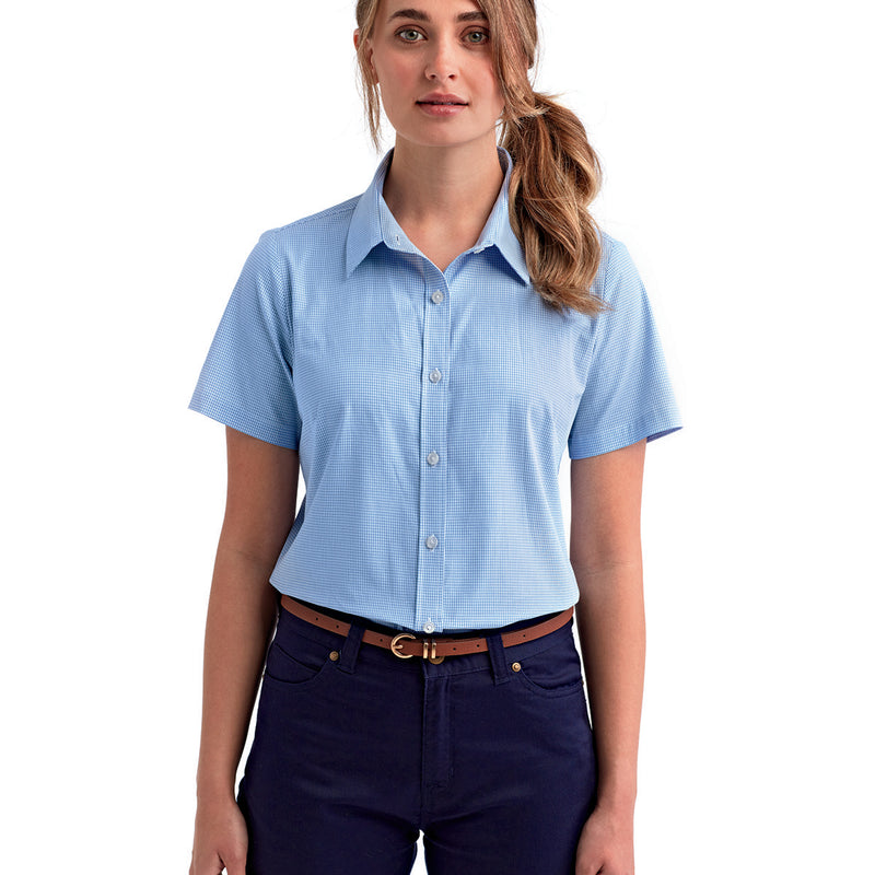 Ladies' Microcheck Gingham Short-Sleeve Cotton Shirt