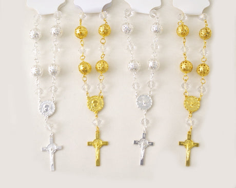 6 Inch Large Gold Metal Ball Rosary Bracelet with Cross Pendant Pack of 12