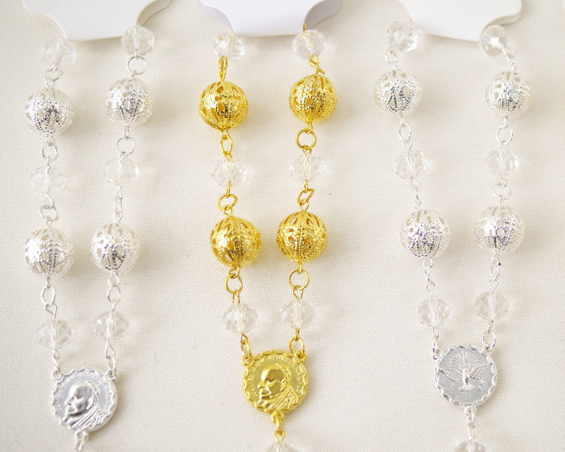 6 Inch Large Gold Metal Ball Rosary Bracelet with Cross Pendant Pack of 12