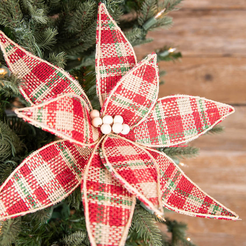 22” Plaid Poinsettia Stem - Red