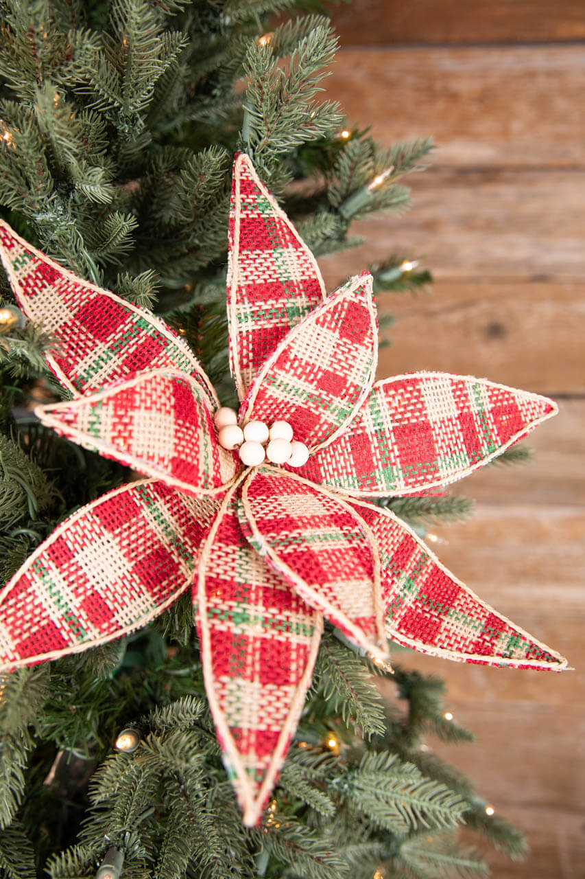 22” Plaid Poinsettia Stem - Red