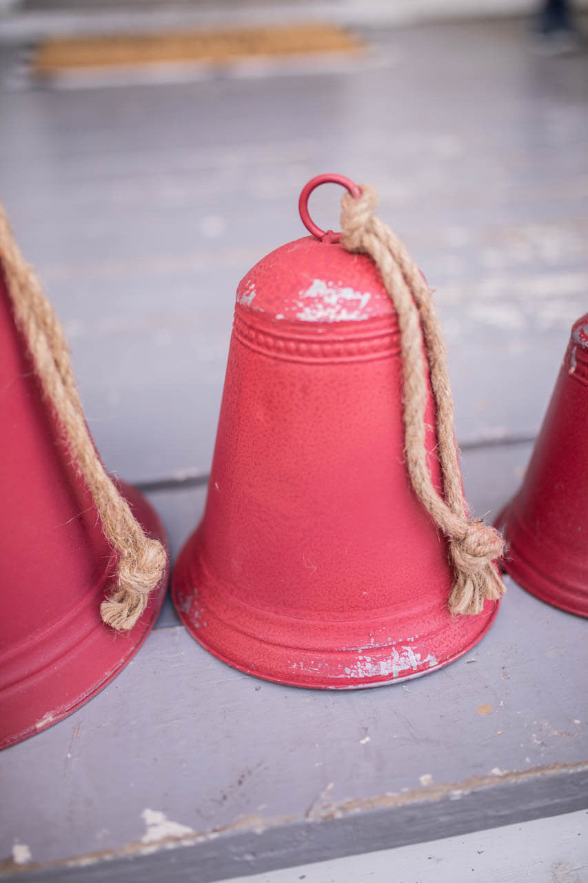 Red Tin Bells Set of 3 Rustic Farmhouse Christmas Hanging Decorative Bells Holiday Accent