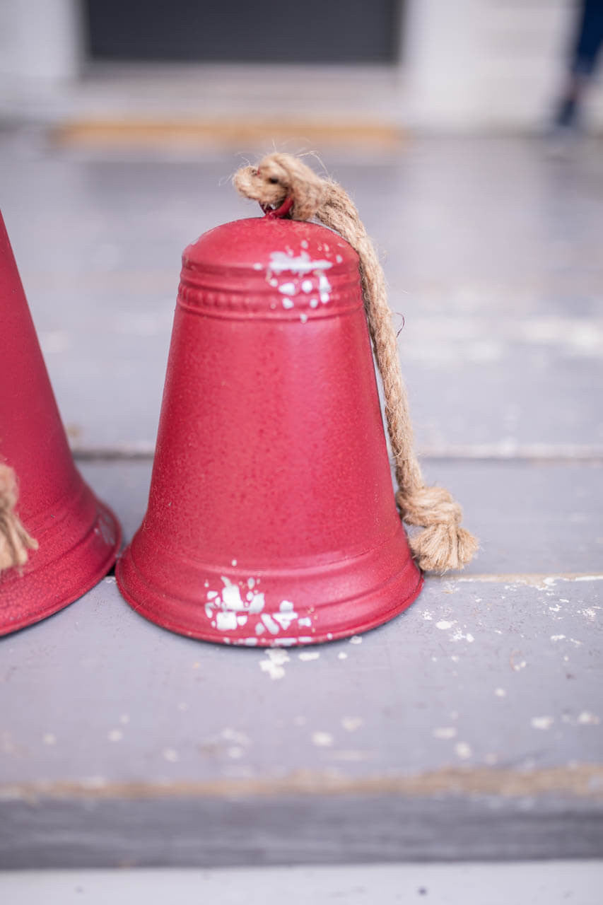 Red Tin Bells Set of 3 Rustic Farmhouse Christmas Hanging Decorative Bells Holiday Accent